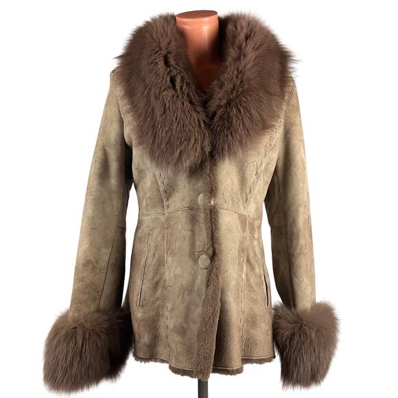 Y2K Shearling Sheepskin Penny lane Fur Leather Coat Blue Fox Trim S-M - Picture 2 of 15